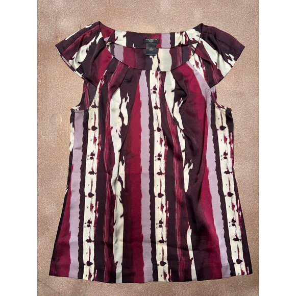 Ann Taylor Petite 4P Maroon Cream Abstract Cap Sleeve Blouse Polished Career - Picture 9 of 13